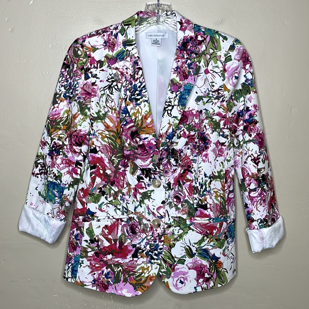 LIZ CLAIBORNE Blazer Abstract Floral Multicolor Single Breasted Cheerful 6 - Picture 3 of 13